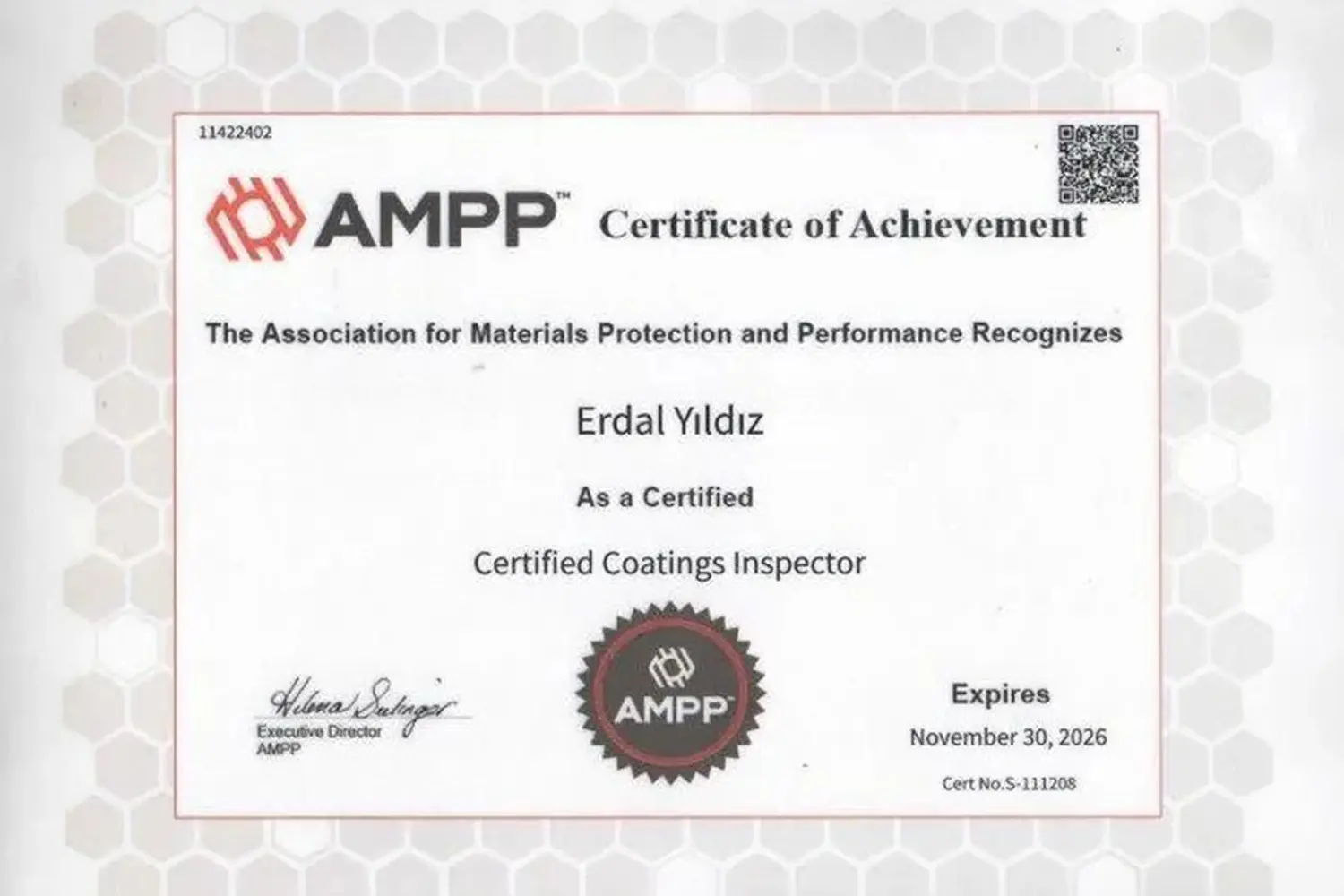 AMPP Certificate of Achievement - Certified Coatings Inspector